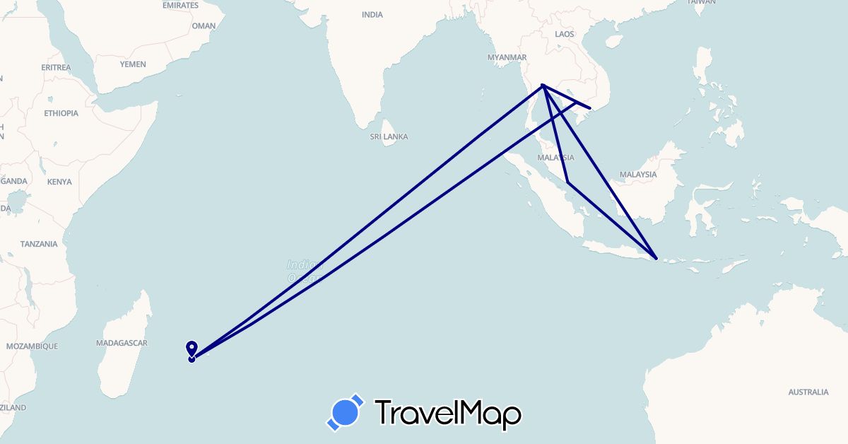 TravelMap itinerary: driving in Indonesia, Cambodia, Réunion, Singapore, Thailand, Vietnam (Africa, Asia)